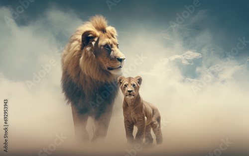 Une illustration d'un lion et son petit lionceau dans la brume photo