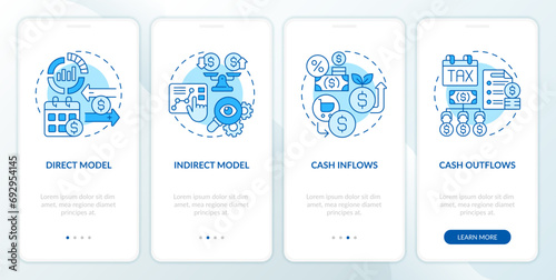 2D linear icons representing cash flow forecasting monochromatic mobile app screen set. Walkthrough 4 steps blue graphic instructions with concept, UI, UX, GUI template.