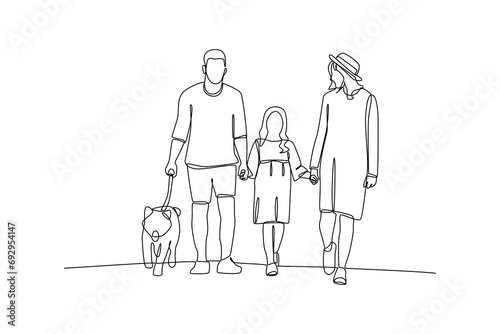 Family walking leisurely with pets on beach, simple continuous line drawing of happy family minimalist concept. Family vacation.