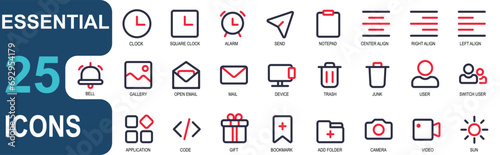 icon set essentials. 2 color outline. contains send, note pad, paragraph line, bell, gallery, bookmark, folder, camera, video, sun, light. suitable for website UI