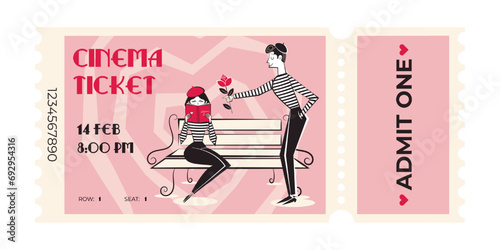 Valentines day retro cinema ticket with beige background. Vector illustration in 60's-70's style of movie session access flyer or coupon.