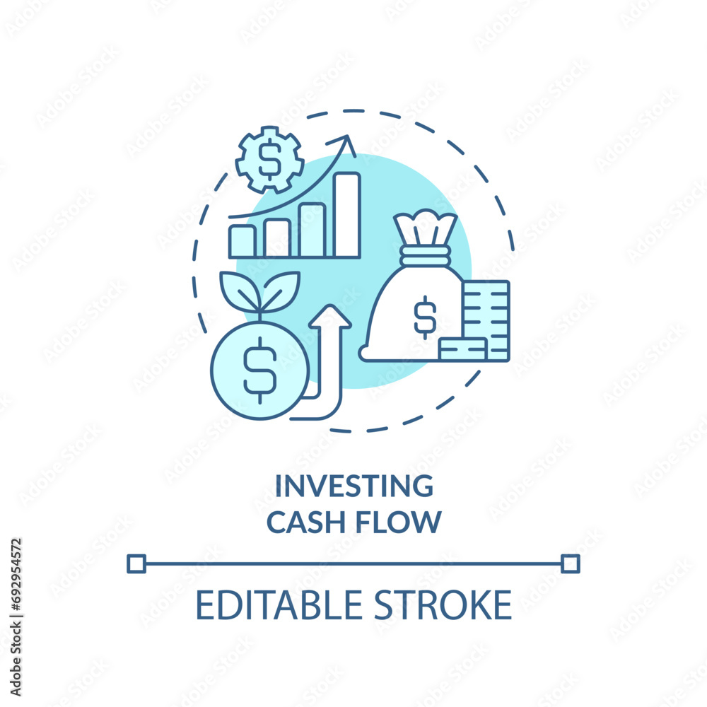 2D editable blue investing cash flow icon, monochromatic isolated vector, thin line illustration representing cash flow management.