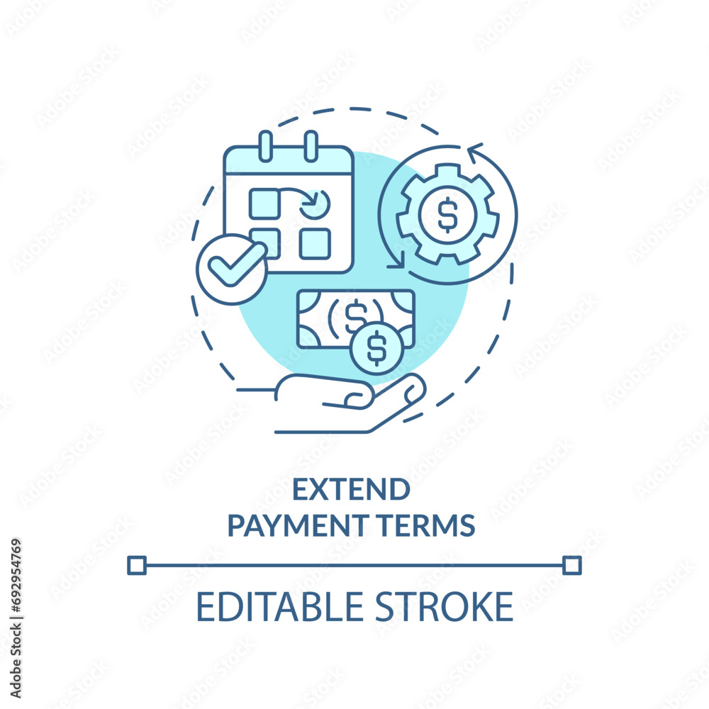 2D editable blue extend payment terms icon, monochromatic isolated vector, thin line illustration representing cash flow management. 2D editable blue extend payment terms icon, monochromatic isolated vector, thin line illustration representing cash flow management.