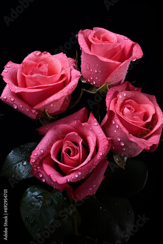 Beautiful pink roses with water drops on black background generated.AI