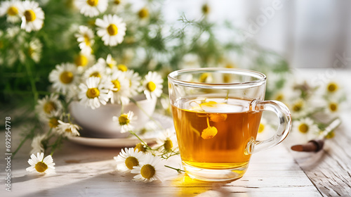 cup of tea with chamomile flowersHerbal chamomile tea and chamomile flowers on wooden table. Countryside background.Rural or countryside background. 
