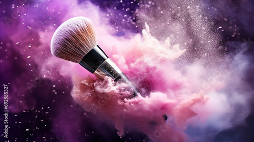 A soft makeup brush releases colourful powder into a dusty, expansive cloud. Black background. Generative AI photo