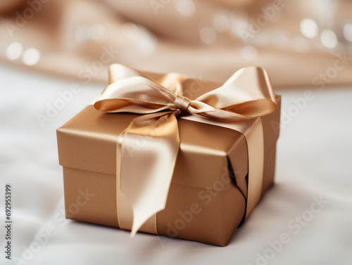 Detailed shot of a neatly wrapped gift with a simple, festive ribbon.