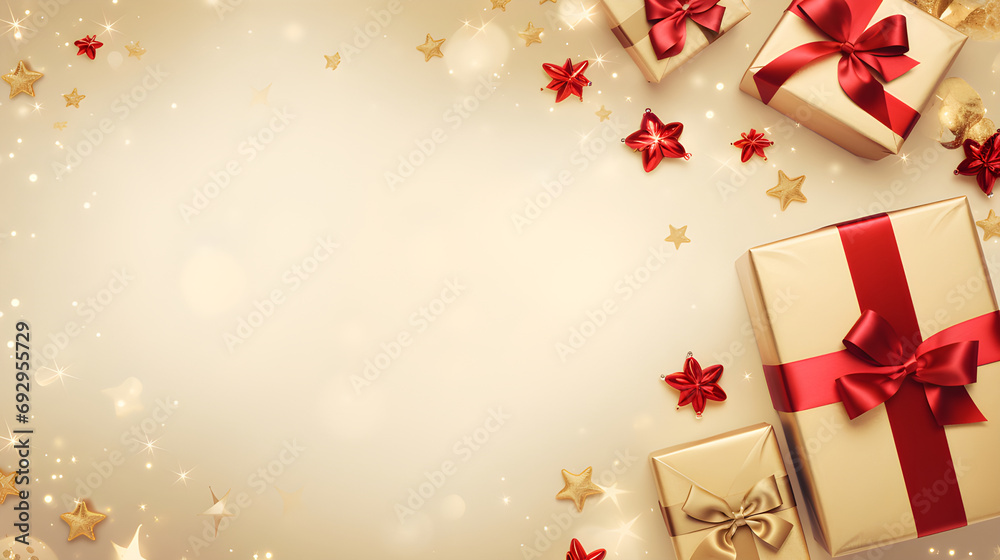 Merry Christmas and Happy Holidays new year greeting card, frame, banner with ornaments and gift on Gold background top view Merry Christmas and Happy Holidays new year greeting card, frame, banner with ornaments and gift on Gold background top view