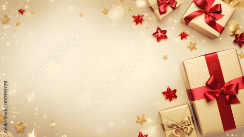 Merry Christmas and Happy Holidays new year greeting card, frame, banner with ornaments and gift on Gold background top view photo