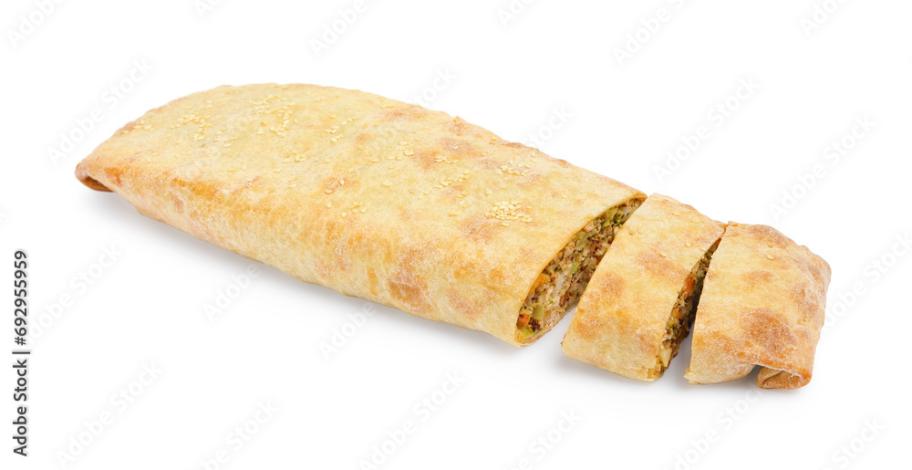 Delicious strudel with chicken and vegetables isolated on white Delicious strudel with chicken and vegetables isolated on white