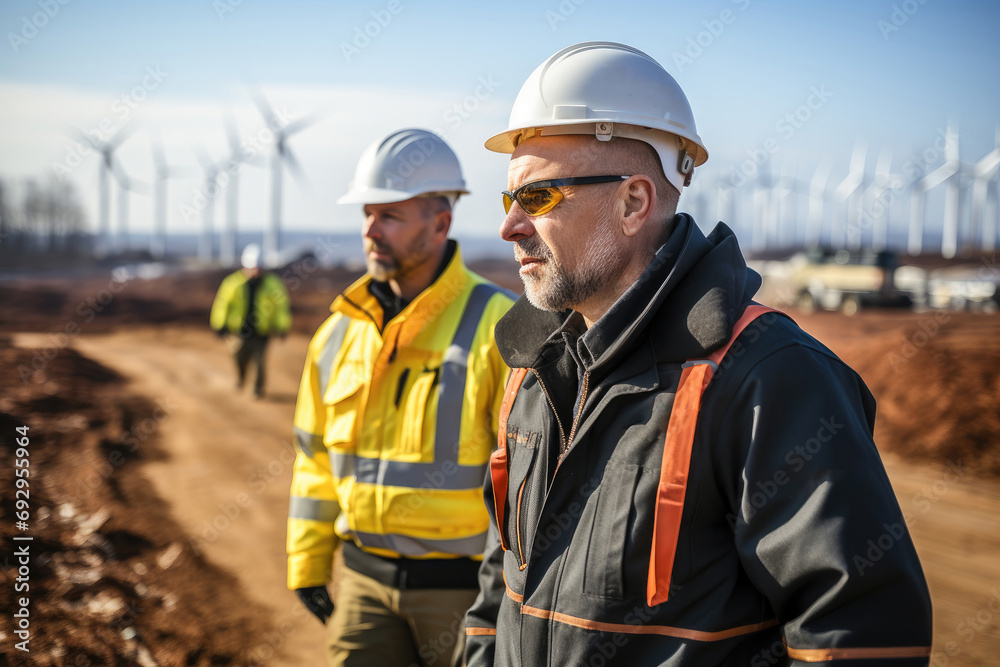 Two engineers in safety gear overseeing a wind turbine construction project, highlighting renewable energy development. - obrazy, fototapety, plakaty 