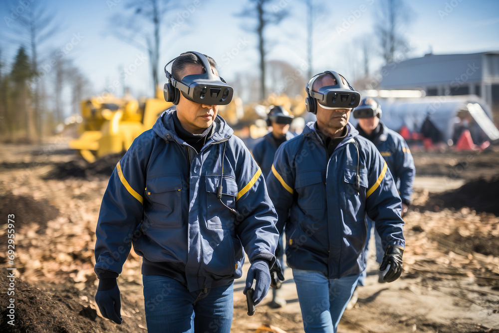 Construction workers with VR headsets walking at a construction site, showcasing modern technology in the industry. Construction workers with VR headsets walking at a construction site, showcasing modern technology in the industry.