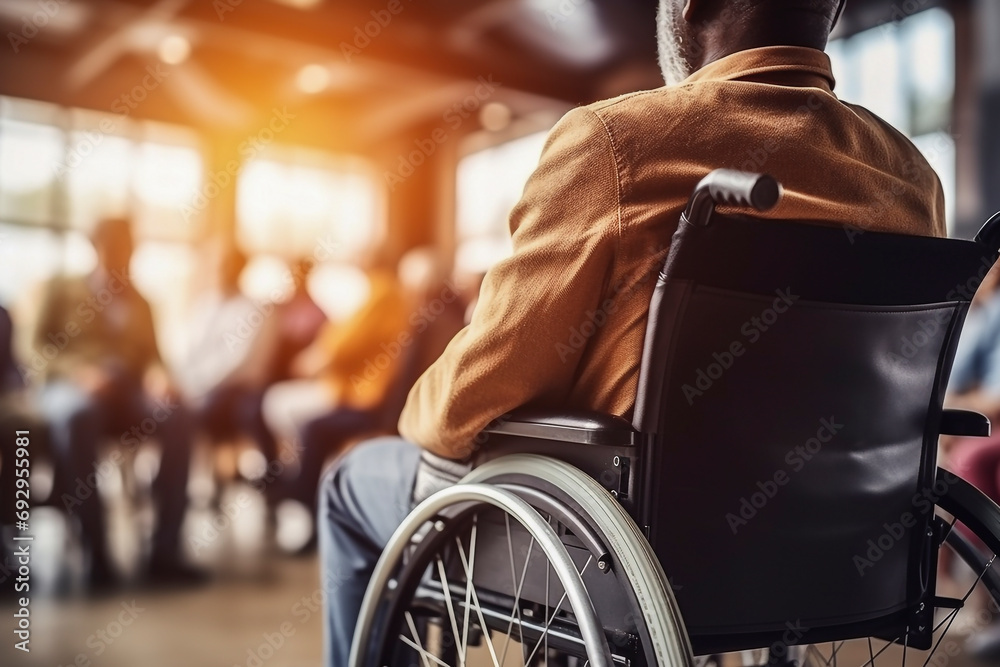 Obraz premium Wheelchair, disability and man hand holding wheel in a hospital for health care. Disabled, mobility problem and male person in a clinic for support and medical care with hands of patient and mockup.