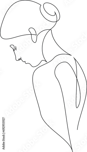 Continuous line woman drawing. Minimal woman silhouette with a hair bun. Fashion vector lines illustration. One line art.