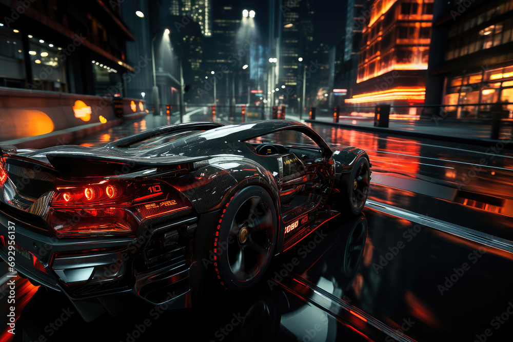 High-tech sports car speeding through a neon-lit city at night, reflecting urban lights with a modern and dynamic design.