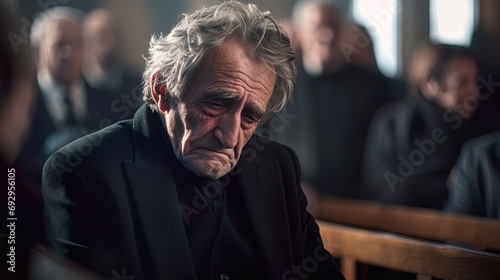 Grieving sad elderly man at a funeral.