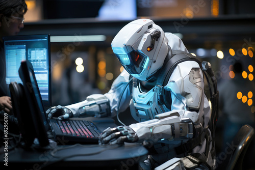 A futuristic robot with artificial intelligence working on a computer in a modern tech environment.