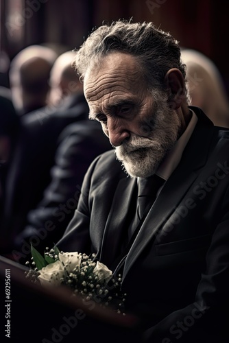 Grieving sad elderly man at a funeral.