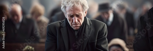 Grieving sad elderly man at a funeral.