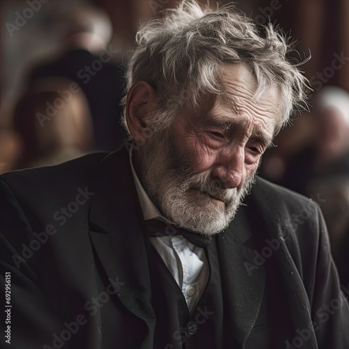 Grieving sad elderly man at a funeral.