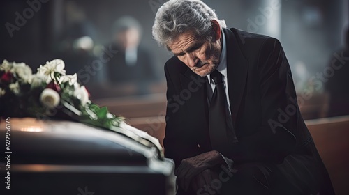 Grieving sad elderly man at a funeral.