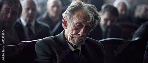 Grieving sad elderly man at a funeral.