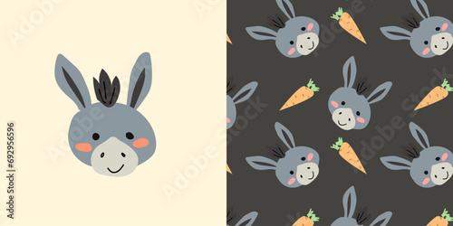 simple animal donkey and pattern with baby animal and carrot. Cute portrait of domestic grey animal and pattern with carrot and donkey. Childish dark pattern can used for nursery print, textile. © Жумагуль Бисекеева