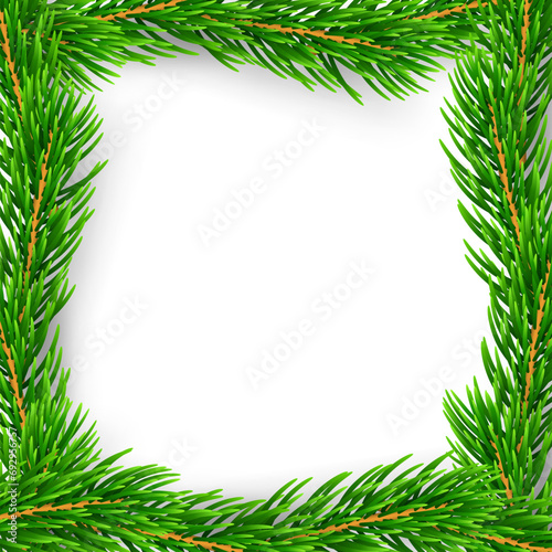 Christmas branch frame 3D. Green garland border isolated on white background. Template texture for holiday banner, decoration, invitation, New Year card. Elegant realistic design Vector illustration