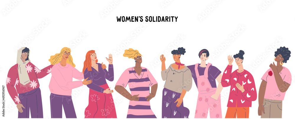 Banner for International Women's Day, feminism and gender equality with multi ethnic characters. Support and celebration of social, economic political achievements of women, flat vector illustration.
