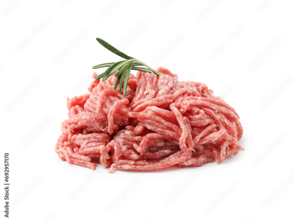 Pile of fresh raw ground meat and rosemary isolated on white Pile of fresh raw ground meat and rosemary isolated on white