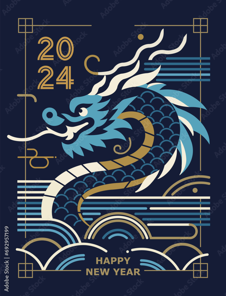 2024 New year's card design, Oriental blue dragon