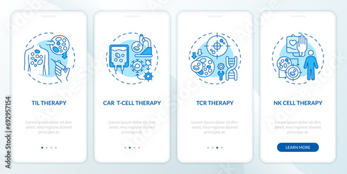 2D blue icons representing cell therapy types of immunotherapy mobile app screen set. Walkthrough 4 steps monochromatic graphic instructions with thin line icons concept, UI, UX, GUI template.