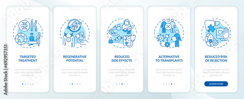 2D icons representing cell therapy benefits mobile app screen set. Walkthrough 5 steps blue graphic instructions with line icons concept, UI, UX, GUI template.