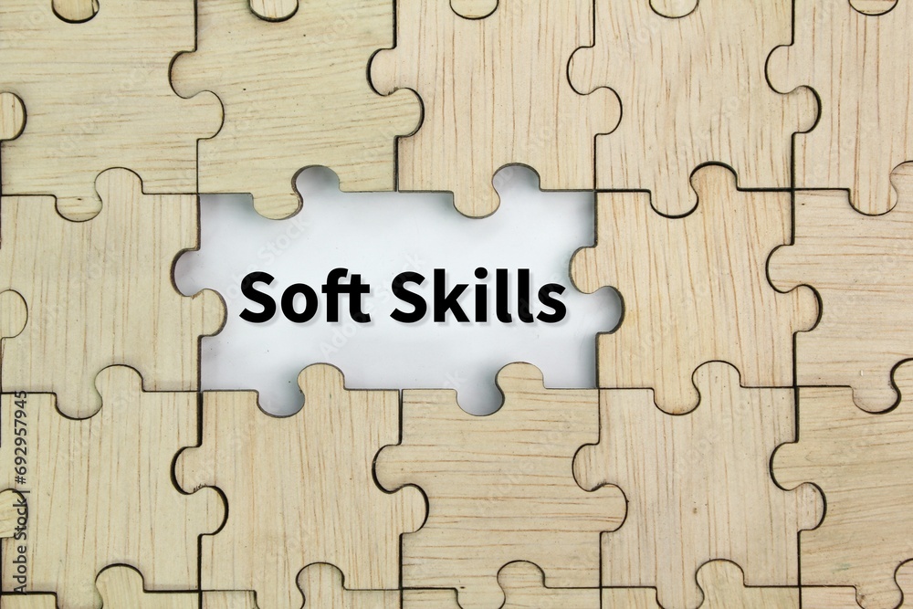 wooden puzzle with white in the middle with the word Soft skills wooden puzzle with white in the middle with the word Soft skills