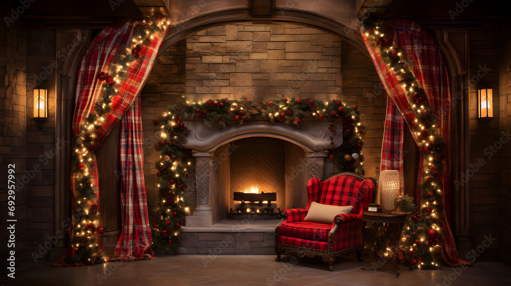 christmas Festive Fireplace: A roaring fireplace a lush garland decorated with ribbons, baubles, and twinkling lights, with a cozy armchair