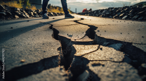 Cracked road after an earthquake with people in the background