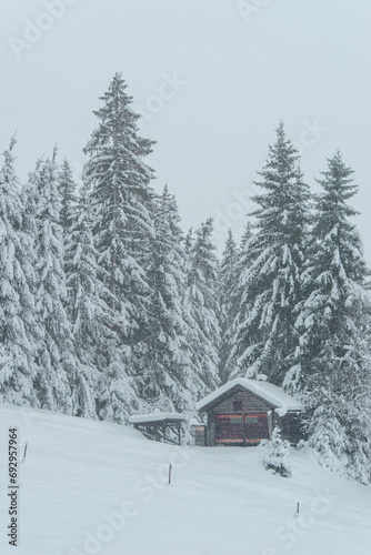 Hütte in Winterlandschaft, Alpin © Substanz