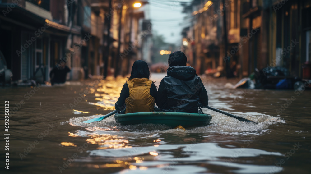 Two people paddling in a kayak on a flooded city street - obrazy, fototapety, plakaty 