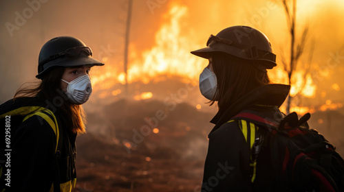 Firefighters with protective gear and masks against a backdrop of intense flames