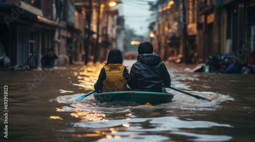 Tela Two people paddling in a kayak on a flooded city street