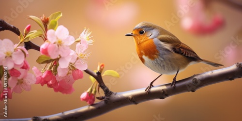 A colorful bird sits on the branches of a blossoming cherry tree in a bright garden. © Iryna