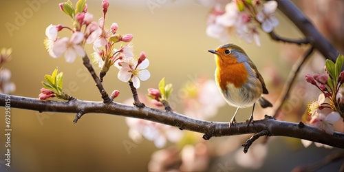 A cute and colorful robin sits on a flowering tree branch in the spring garden. © Iryna