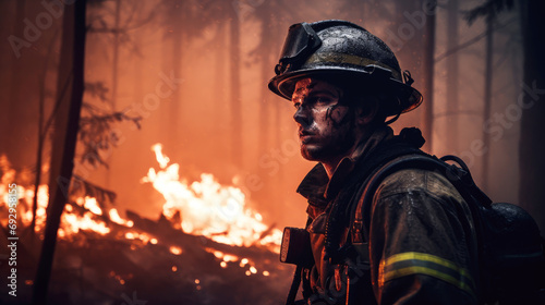 A firefighter stares intently amidst a forest fire © Artyom