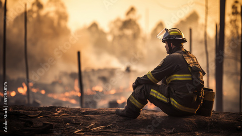 Firefighter sitting, overlooking a smoldering forest fire photo