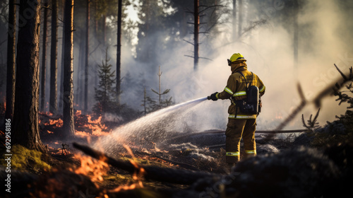 Firefighter extinguishing flames in a forest with a hose photo