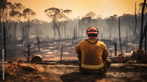 Firefighter sits facing a burnt forest, reflecting on the devastation