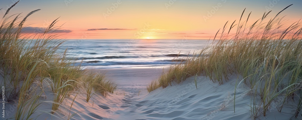 Capturing beauty of coast. Sunset at beach. Sun dips below horizon casting warm glow on sand dunes and gentle waves. Idyllic seascape with calm waters and colorful sky invites reflection and peace - obrazy, fototapety, plakaty 