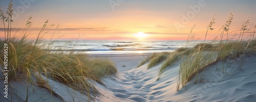 Capturing beauty of coast. Sunset at beach. Sun dips below horizon casting warm glow on sand dunes and gentle waves. Idyllic seascape with calm waters and colorful sky invites reflection and peace
