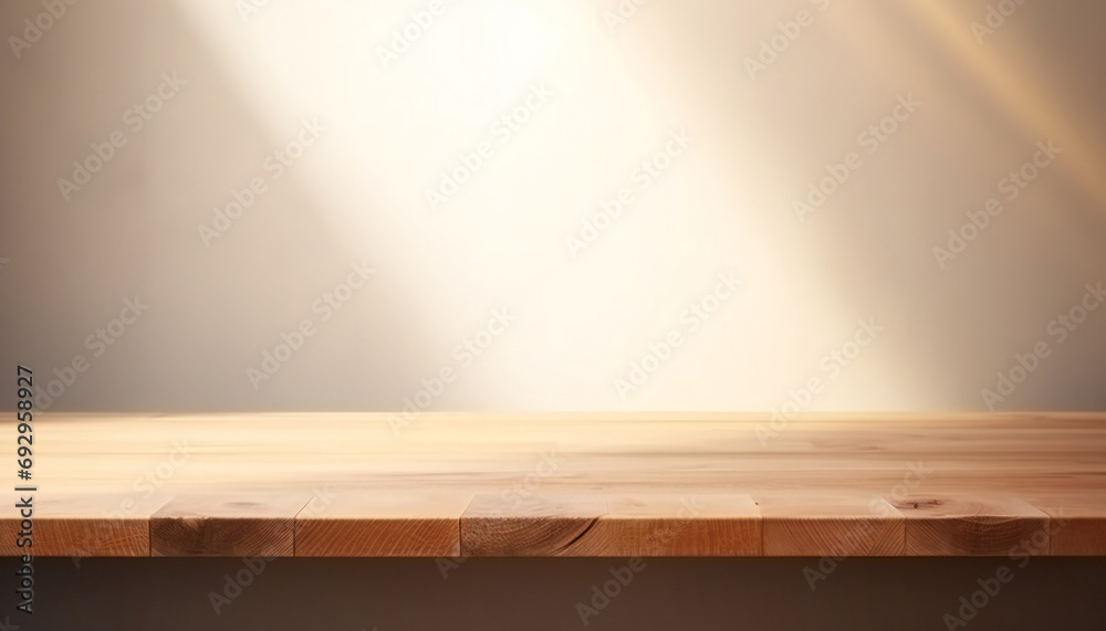Empty minimal natural wooden table counter podium. beautiful wood grain in sunlight - obrazy, fototapety, plakaty 