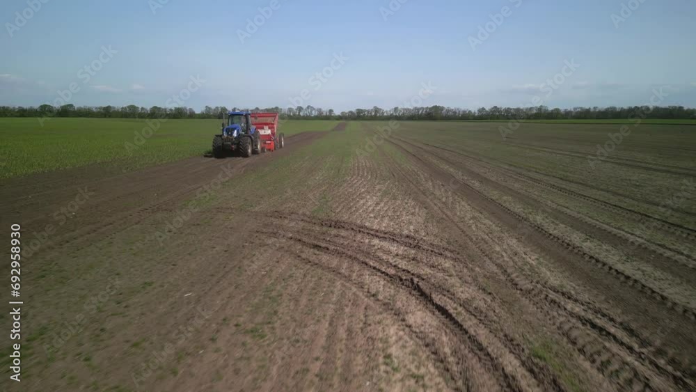 Blue Tractor planting potato on the field in Ukraine Blue Tractor planting potato on the field in Ukraine